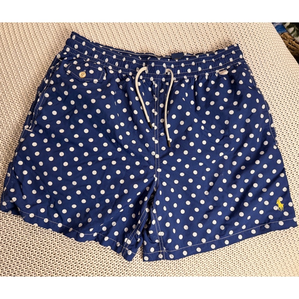 Polo Ralph Lauren Mens Navy Blue Polka Dot Swim Trunks Large L Yellow Pony Logo
